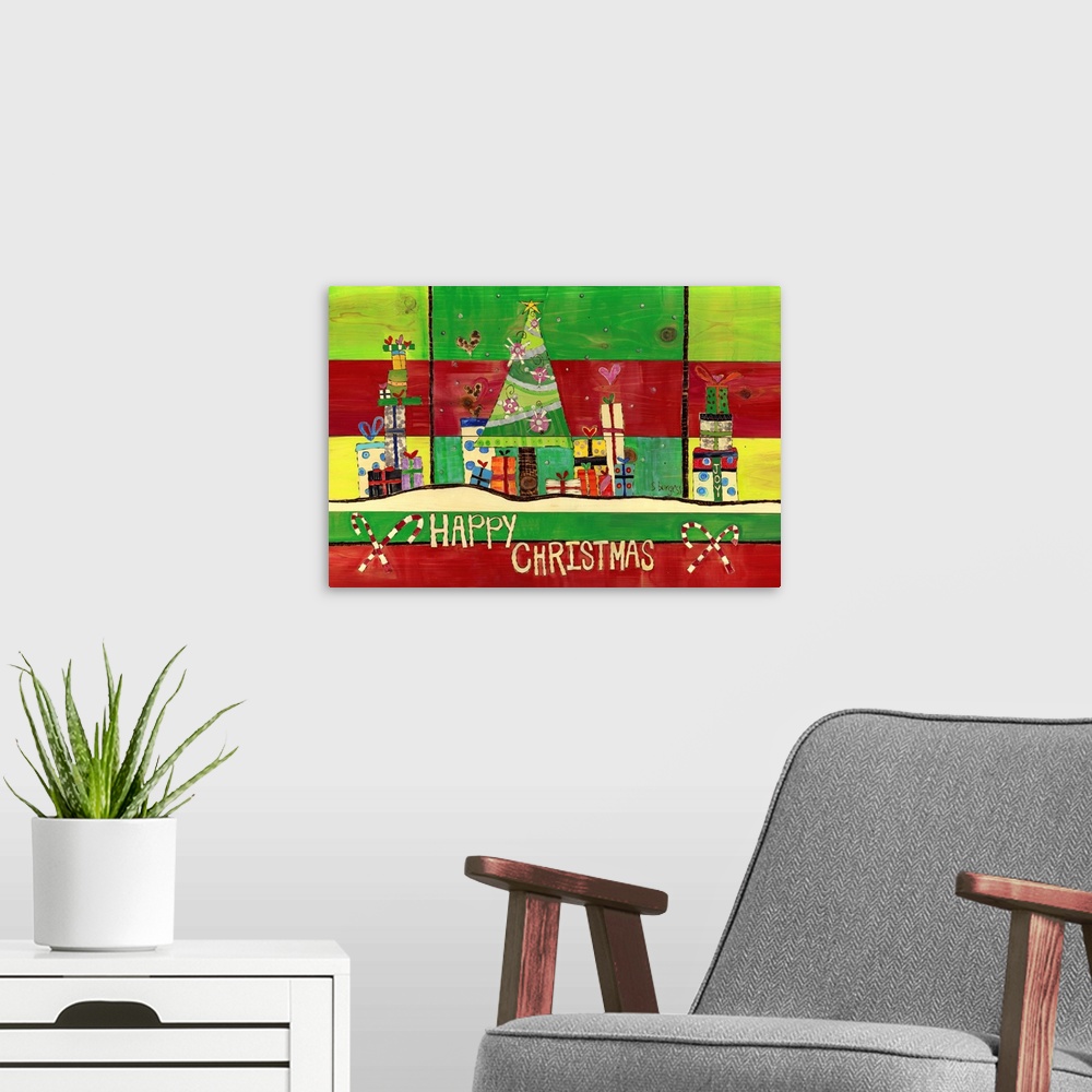 A modern room featuring Christmas tree and presents with candy canes and happy Christmas