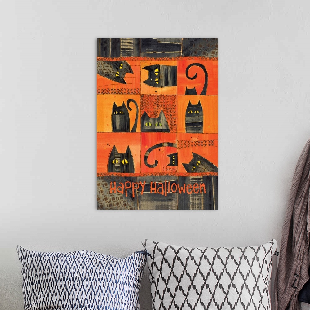 A bohemian room featuring Black cats on orange background with saiying