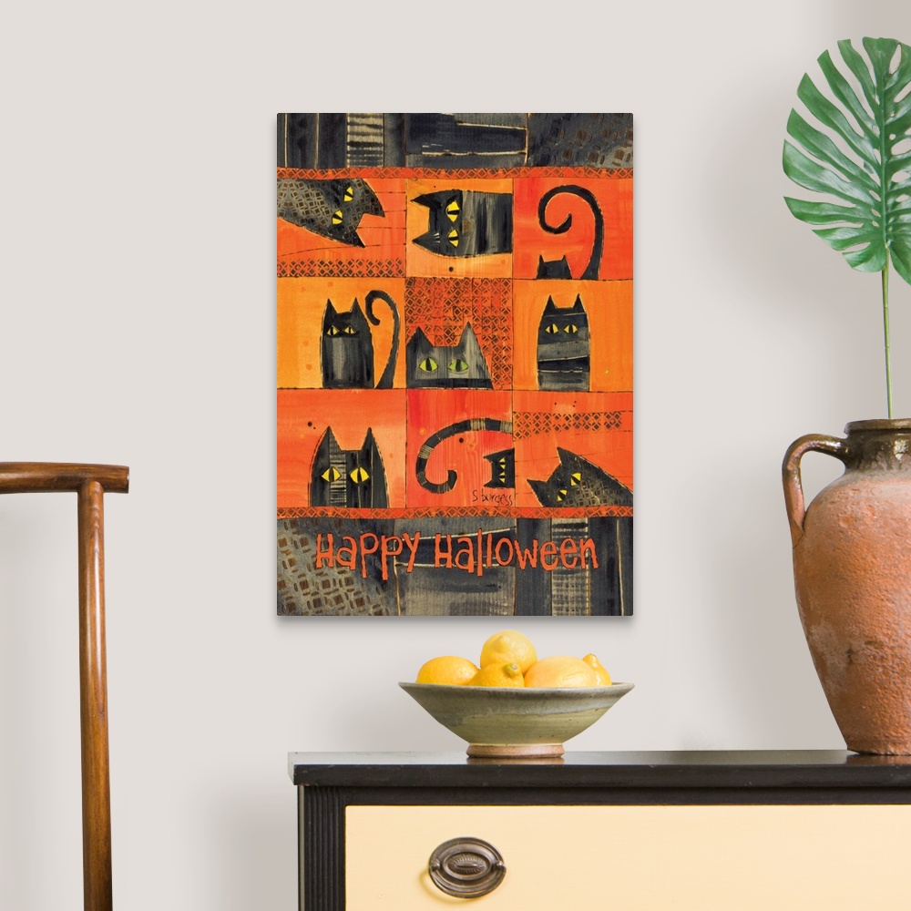 A traditional room featuring Black cats on orange background with saiying