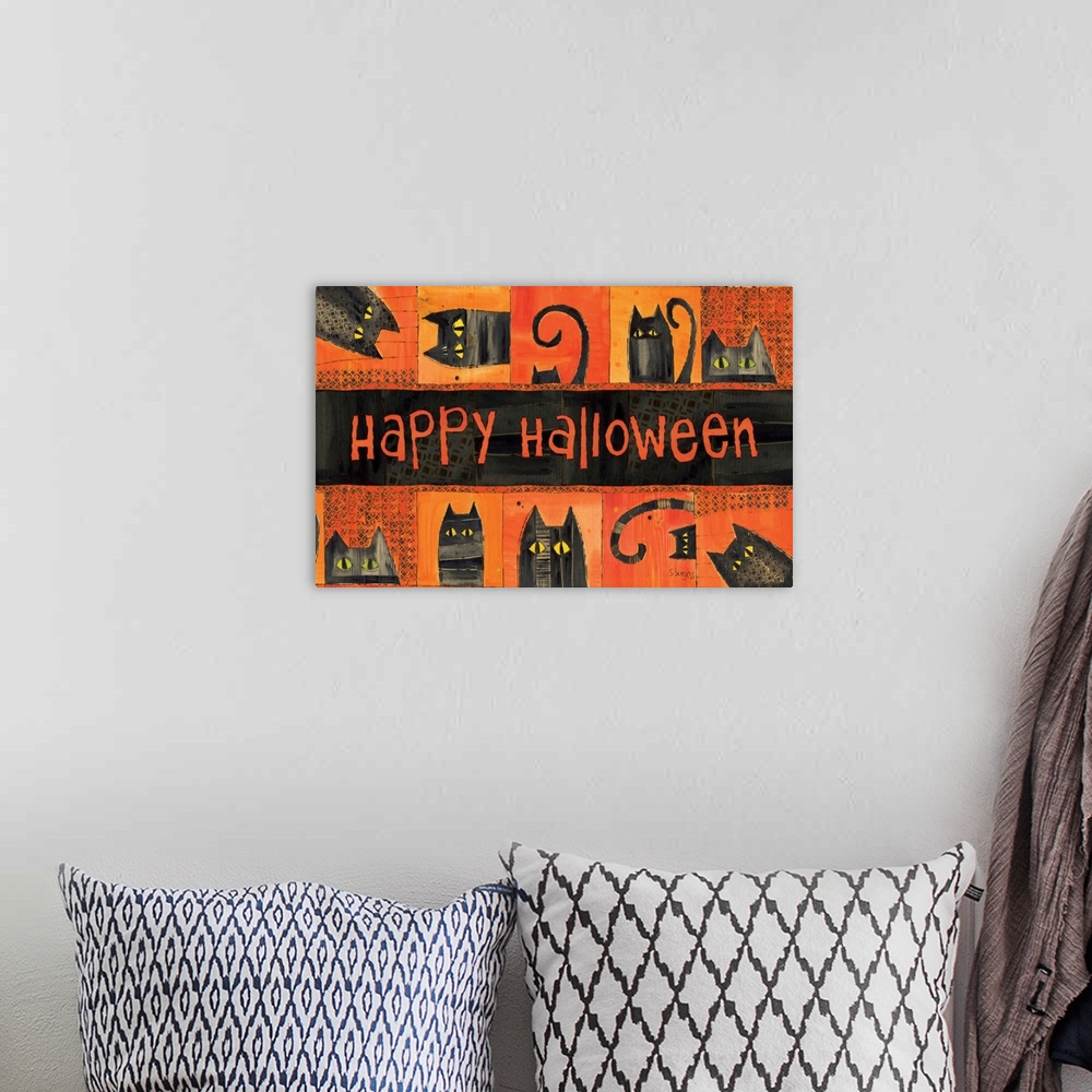 A bohemian room featuring Black cats on orange background with saiying