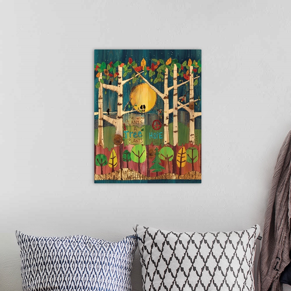 A bohemian room featuring Trees and birds with saying under a night sky.