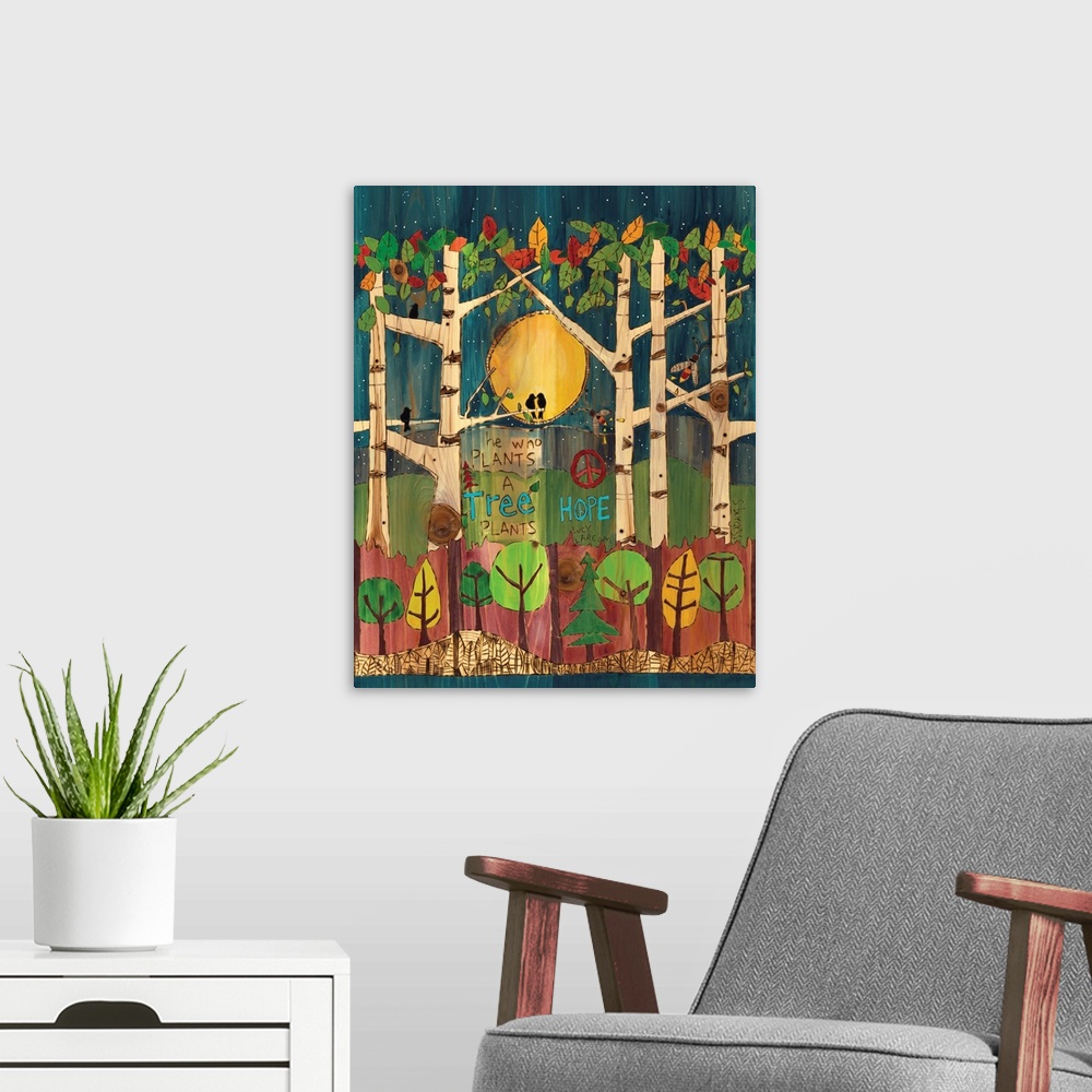 A modern room featuring Trees and birds with saying under a night sky.