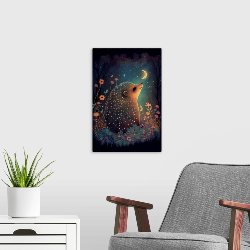 A modern room featuring This image by JK Stewart for Duirwaigh Studios is of a hedgehog in the moonlight.