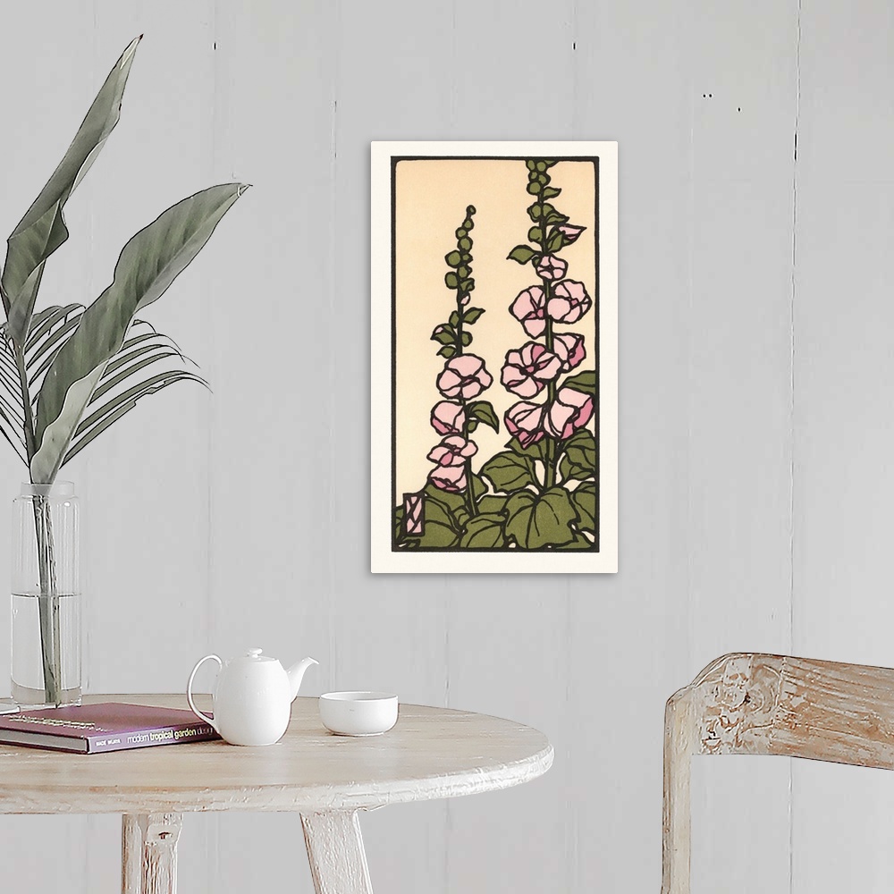 A farmhouse room featuring Japanese Blockprinting of pink hollyhock flowers