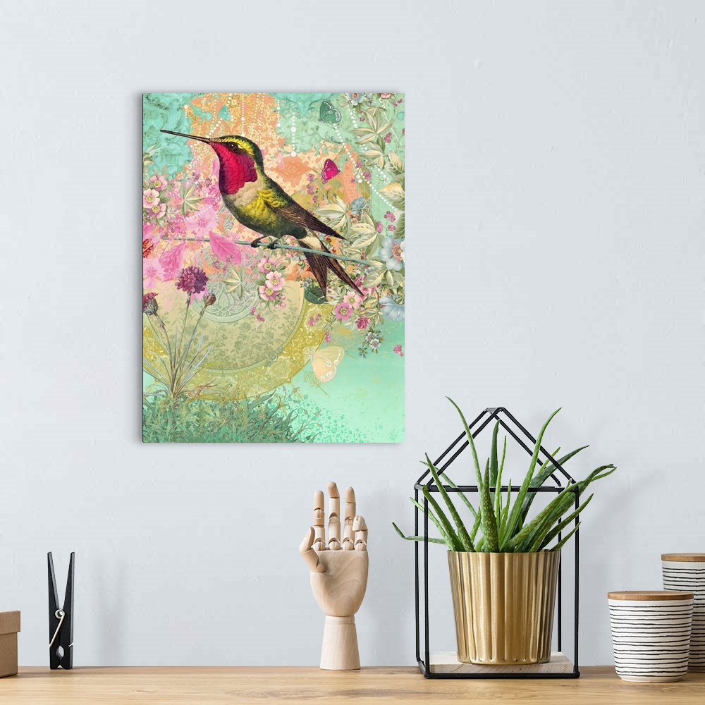 A bohemian room featuring Hummingbird with ornate background