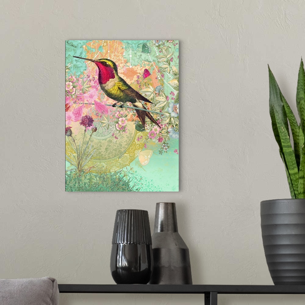 A modern room featuring Hummingbird with ornate background
