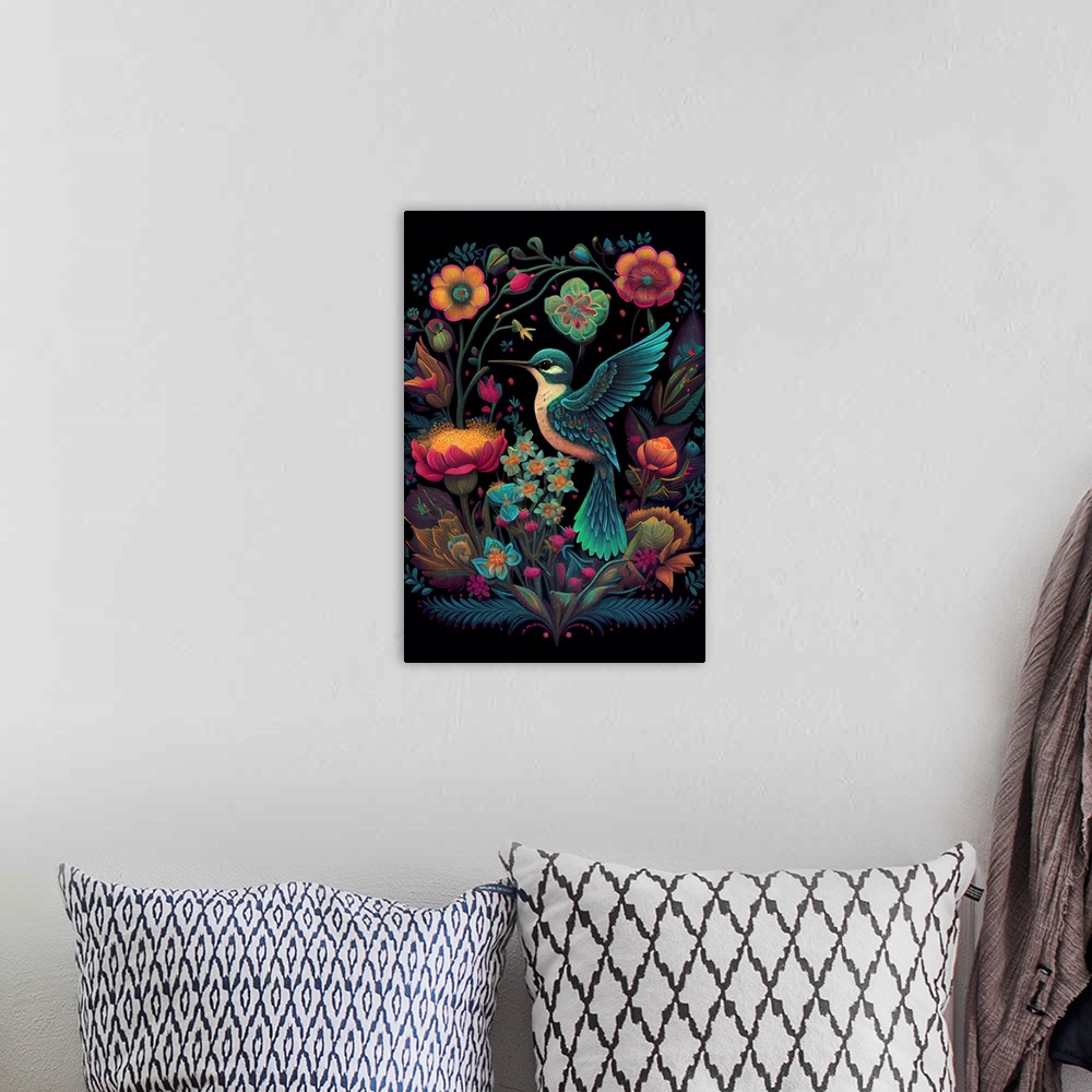A bohemian room featuring This image by JK Stewart for Duirwaigh Studios is of a hummingbird surrounded by an assortment of...