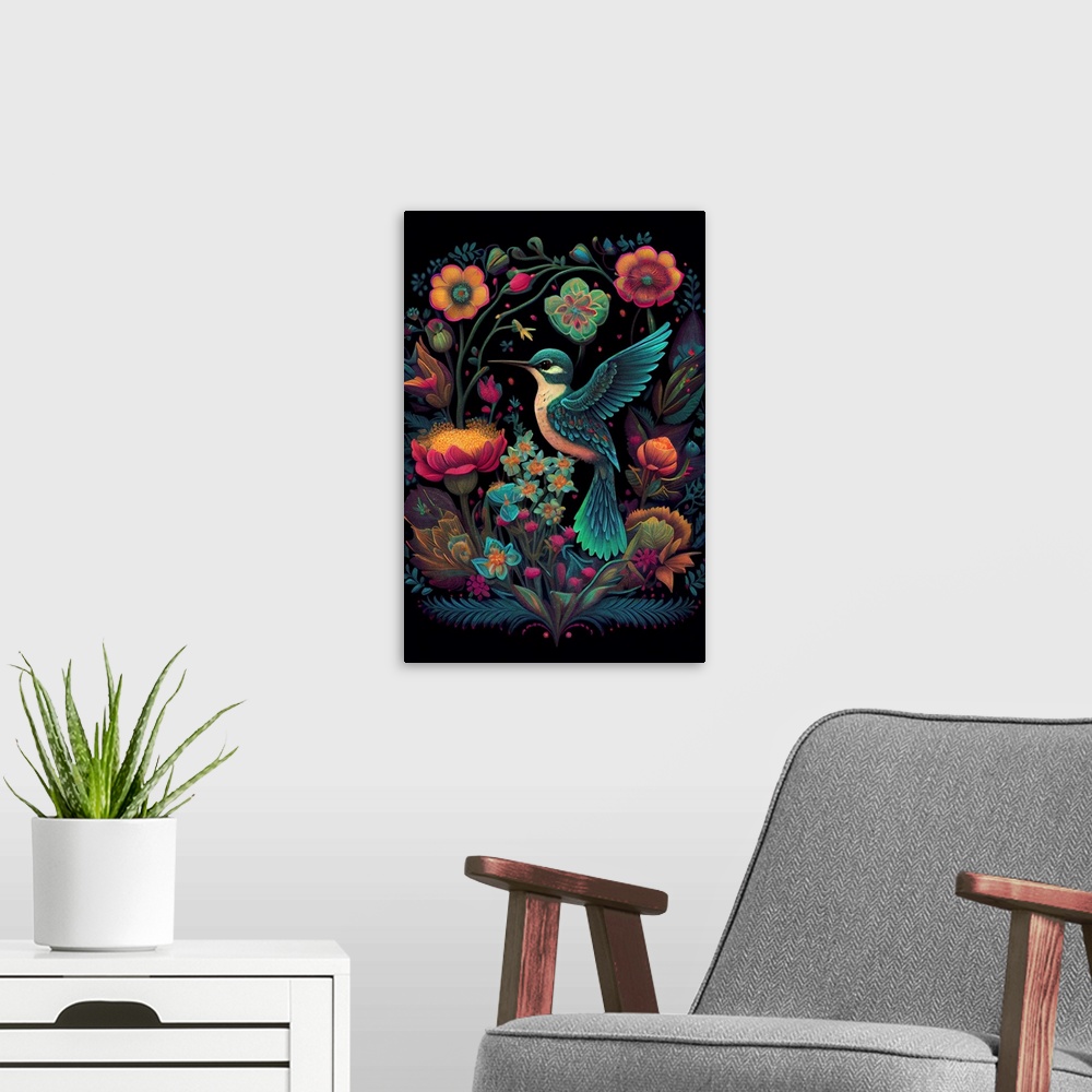 A modern room featuring This image by JK Stewart for Duirwaigh Studios is of a hummingbird surrounded by an assortment of...
