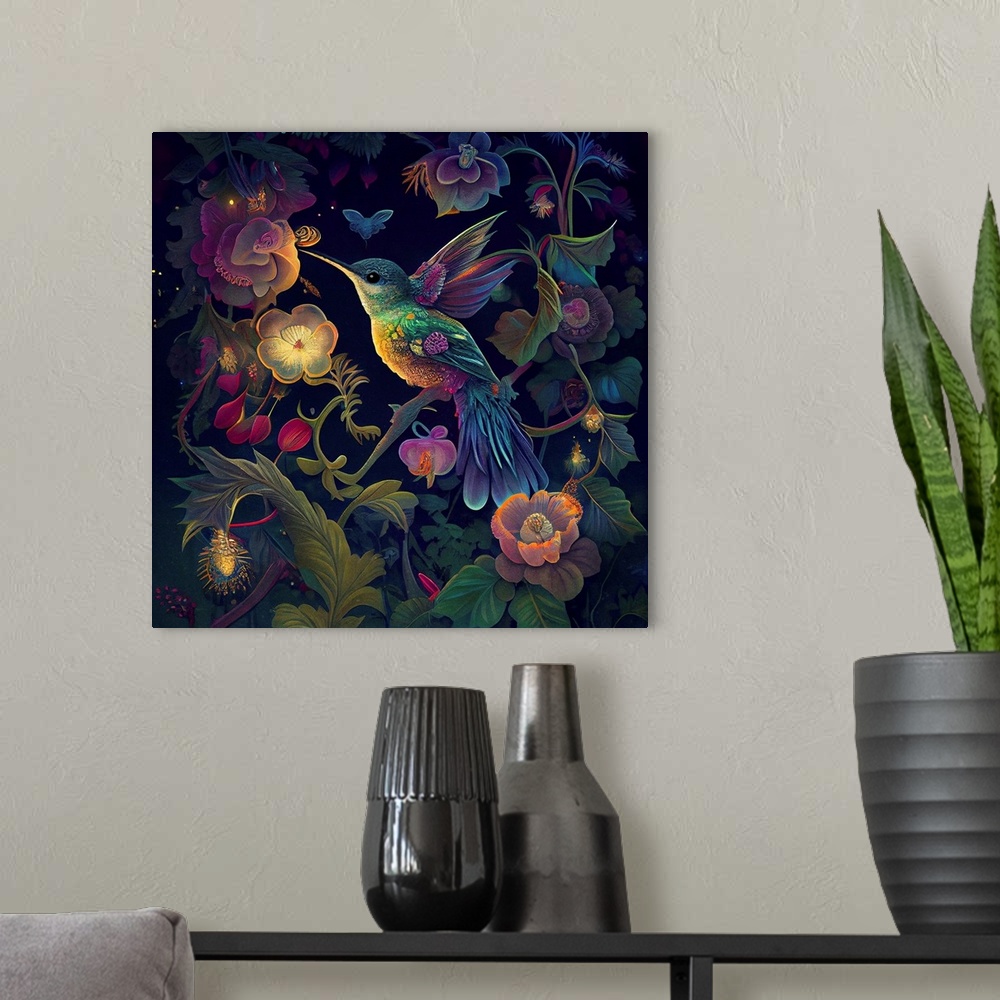 A modern room featuring This image by JK Stewart for Duirwaigh Studios is of a hummingbird with glowing florals.