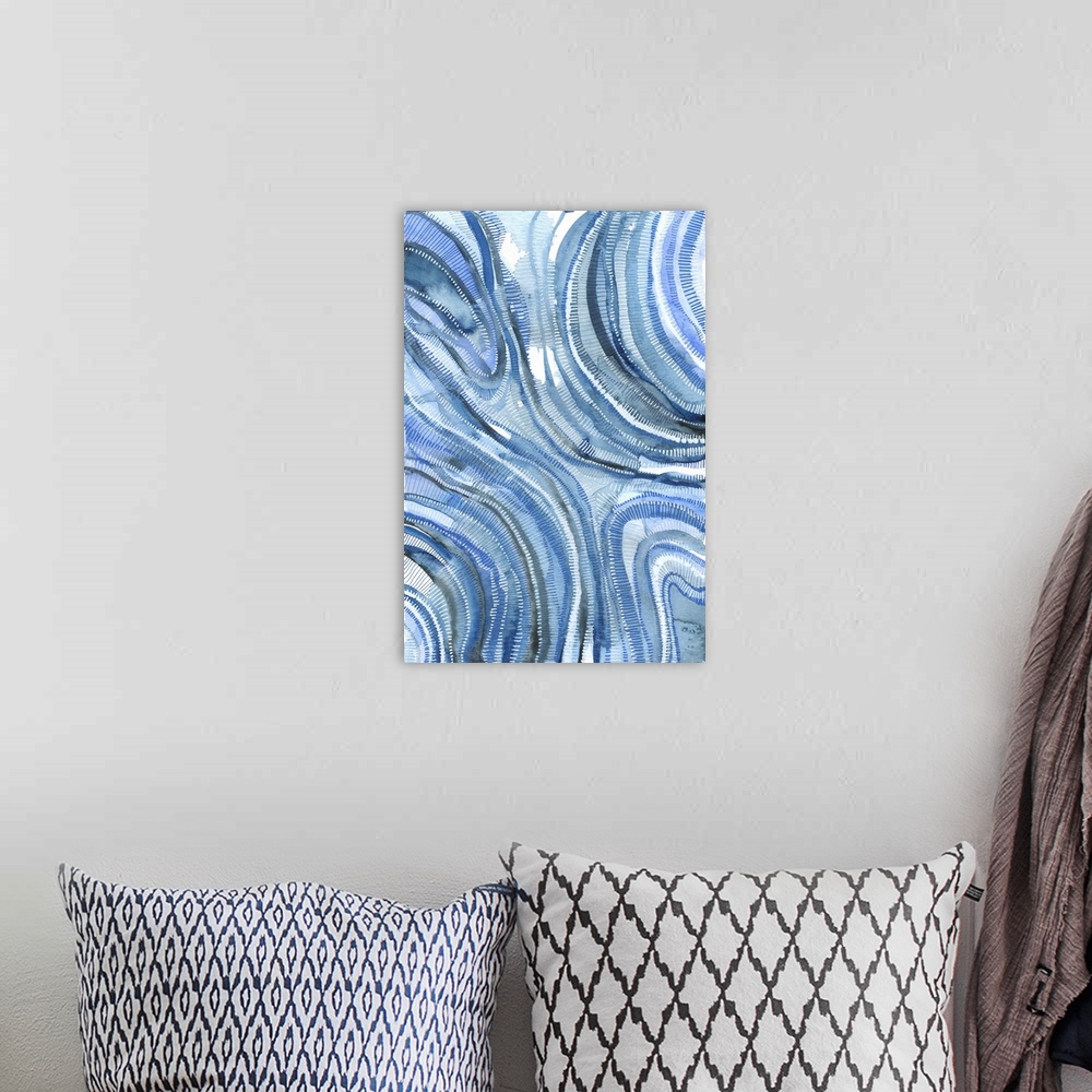 A bohemian room featuring Abstract Watercolor in shades of indigo. Agate inspired.