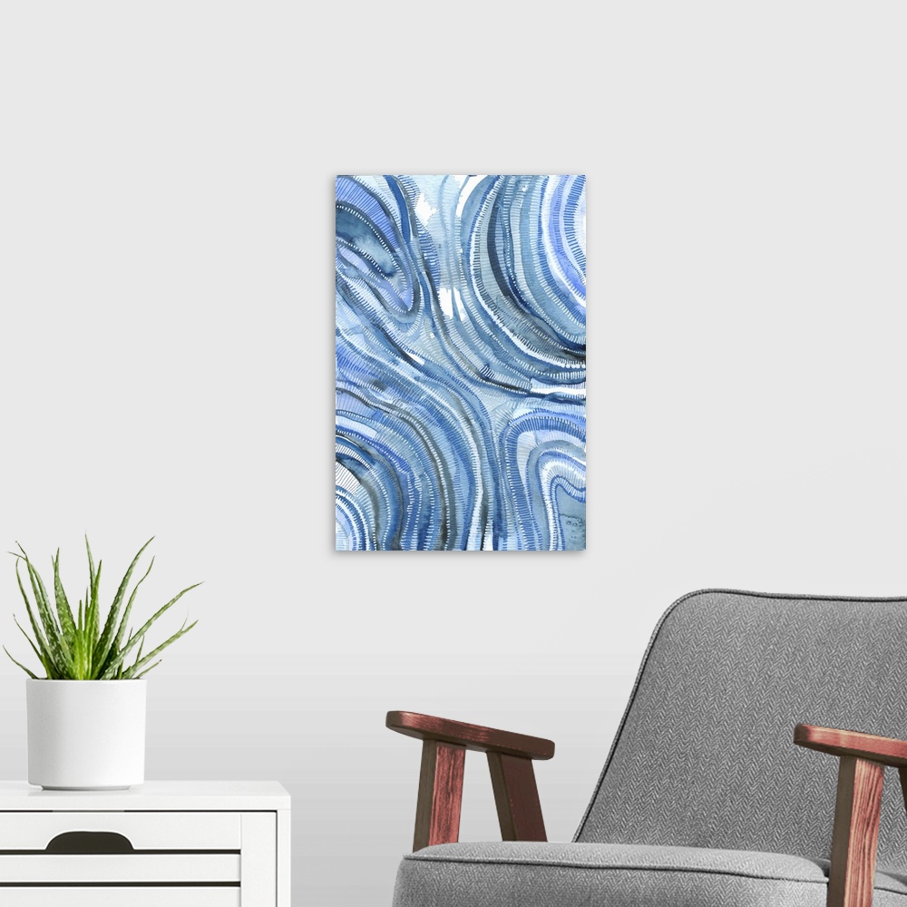A modern room featuring Abstract Watercolor in shades of indigo. Agate inspired.