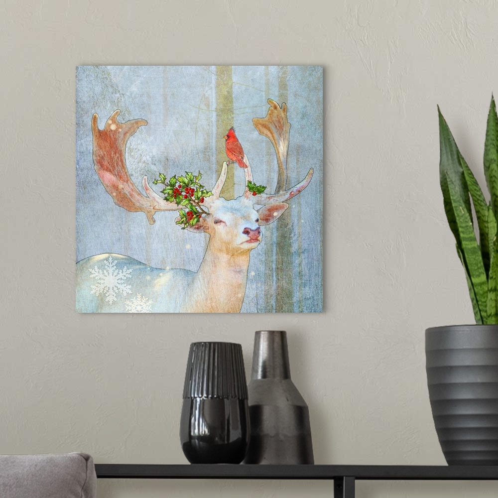 A modern room featuring Stag deer with holly and cardinal in snow with snowflakes