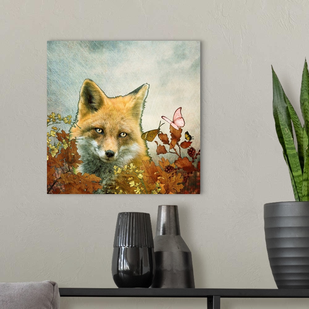 A modern room featuring Fox with butterflies with leaves and foliage