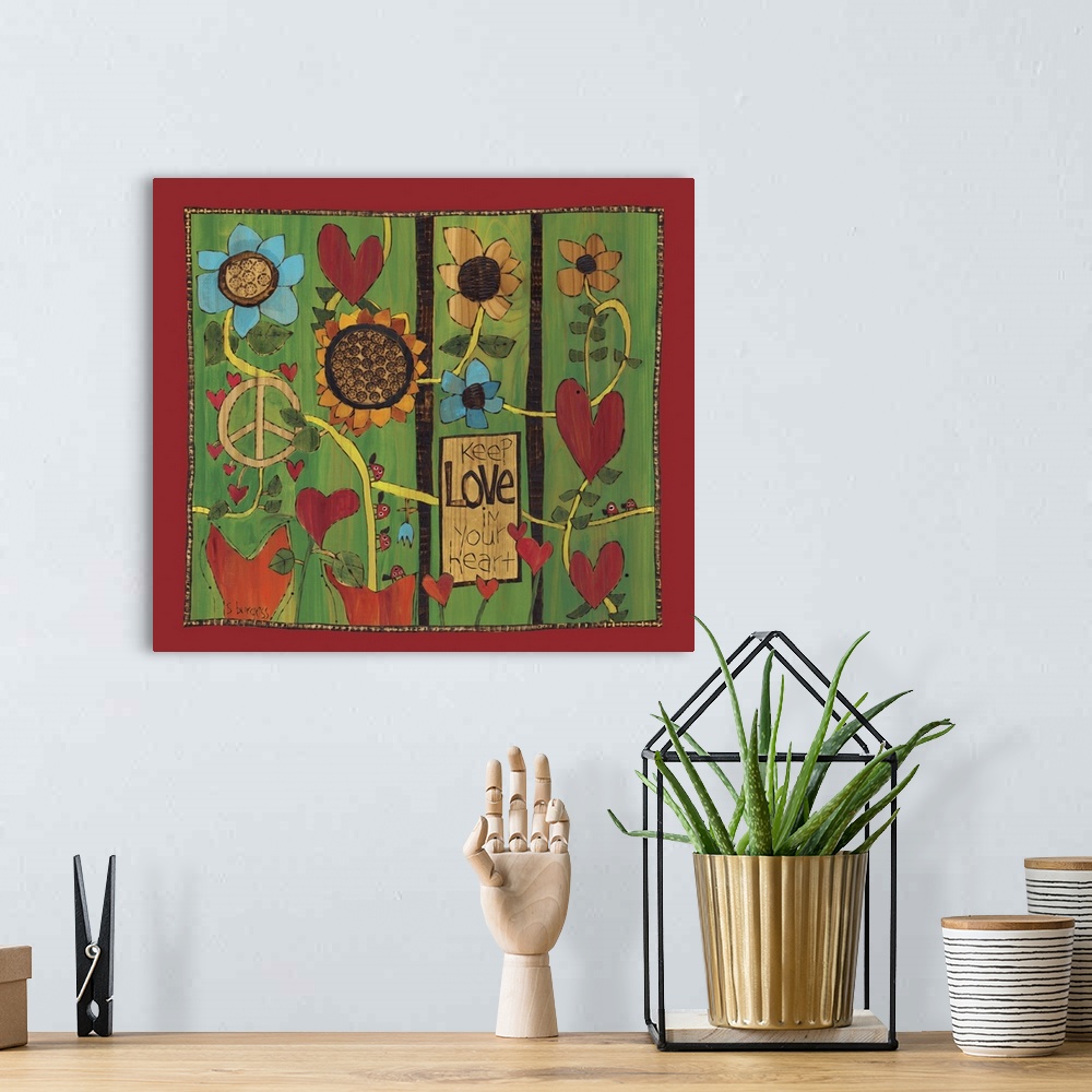 A bohemian room featuring Flowers and ladybugs with saying