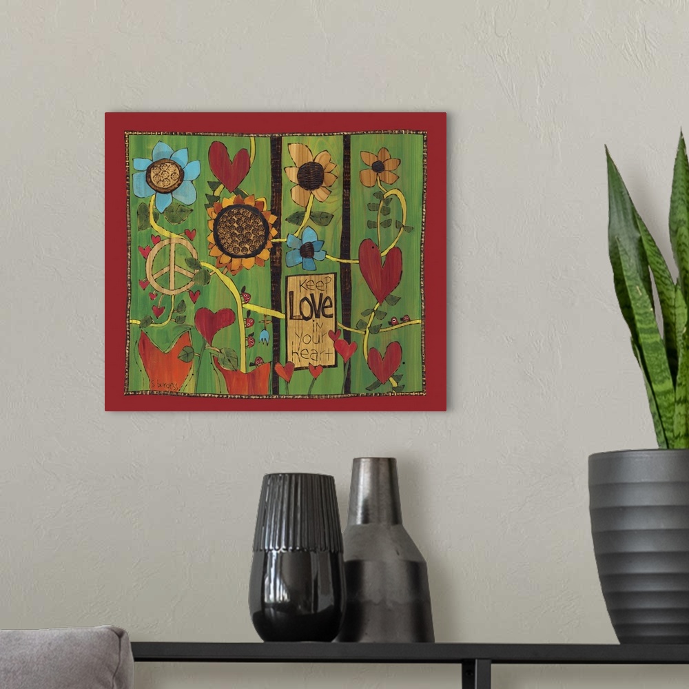 A modern room featuring Flowers and ladybugs with saying