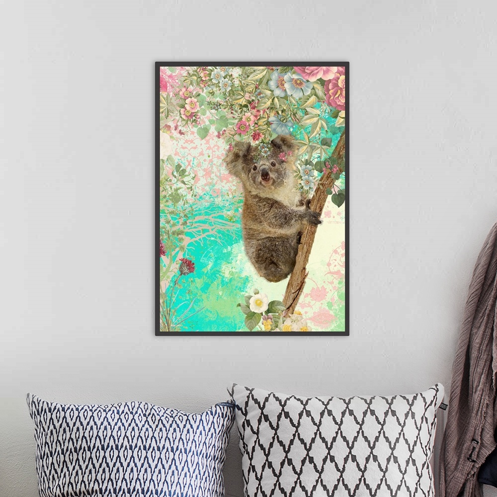 A bohemian room featuring Koala with flowers and ornate background