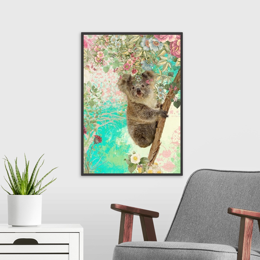 A modern room featuring Koala with flowers and ornate background