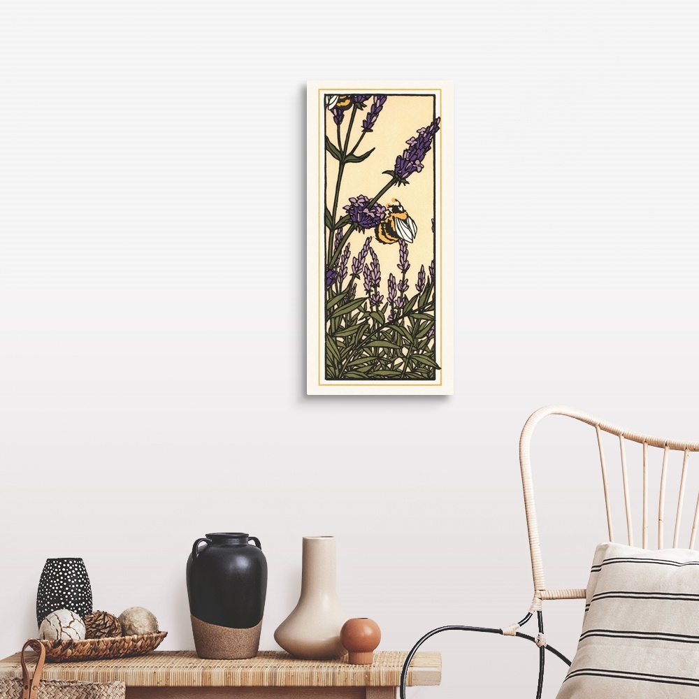 A farmhouse room featuring Japanese Blockprinting of lavender with bees