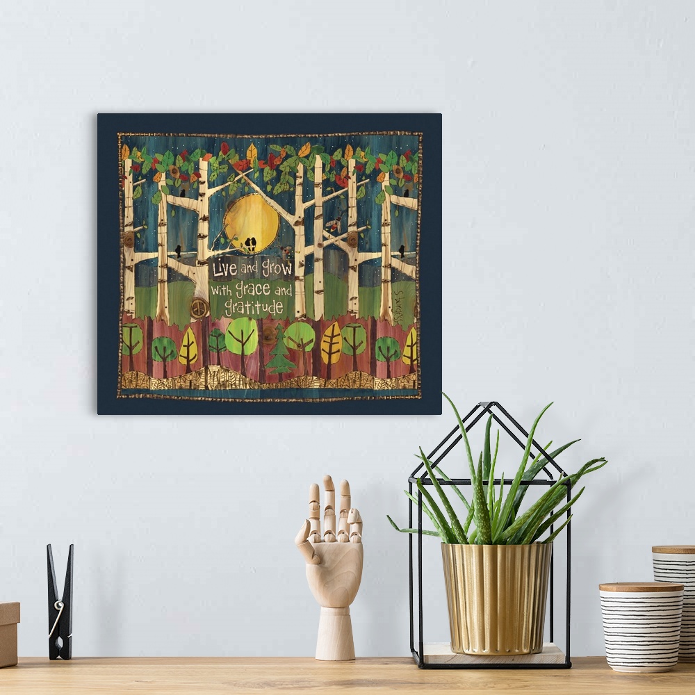 A bohemian room featuring Trees, birds and lightening bugs in a night scene