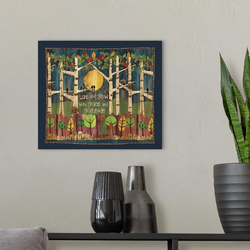 A modern room featuring Trees, birds and lightening bugs in a night scene