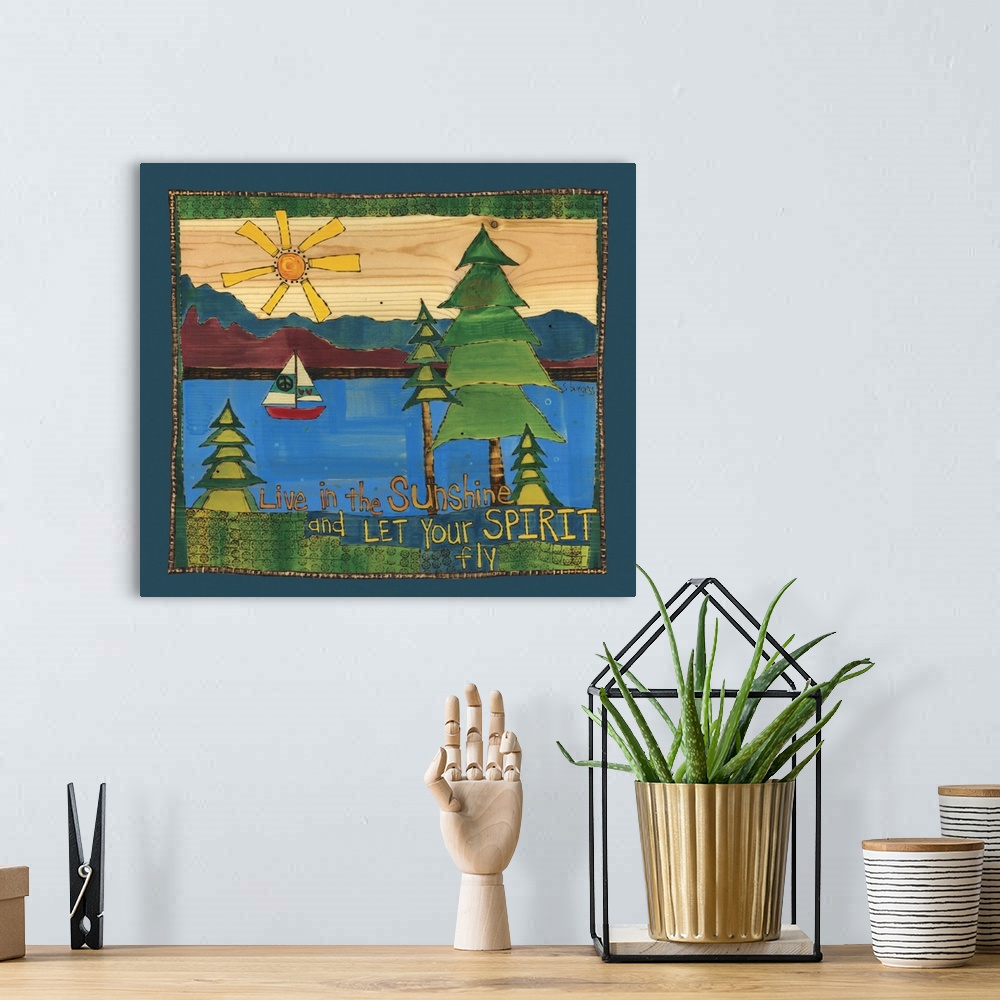A bohemian room featuring Sailboat on water with sun and saying