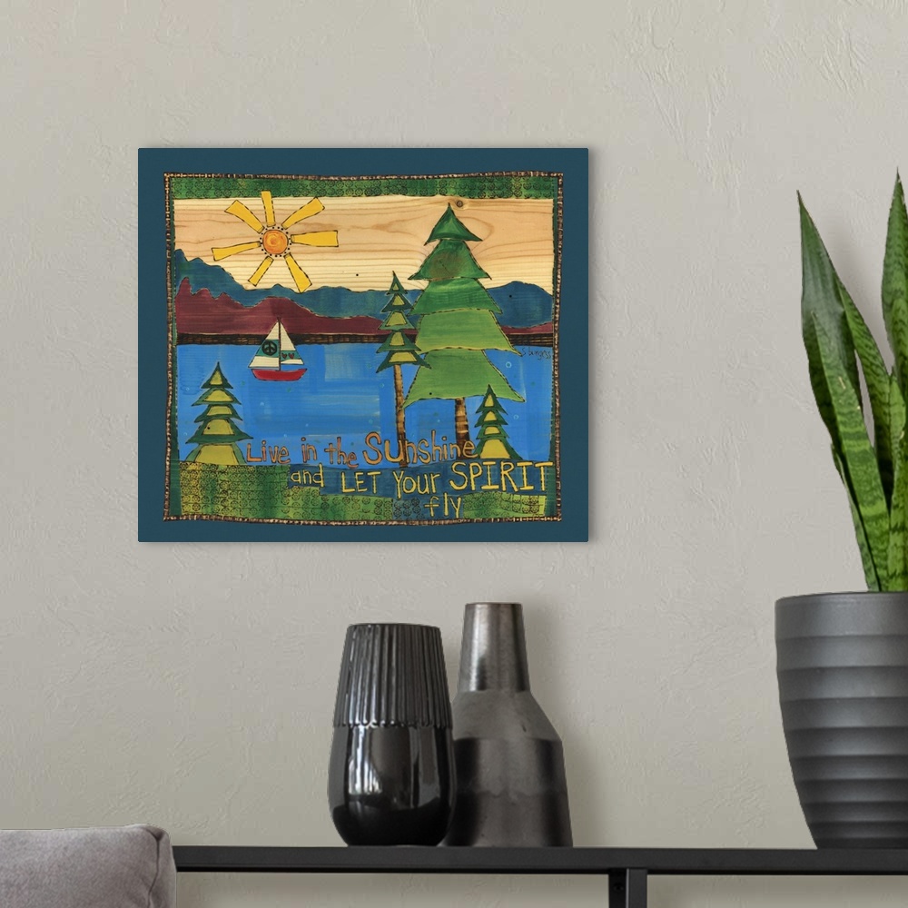 A modern room featuring Sailboat on water with sun and saying
