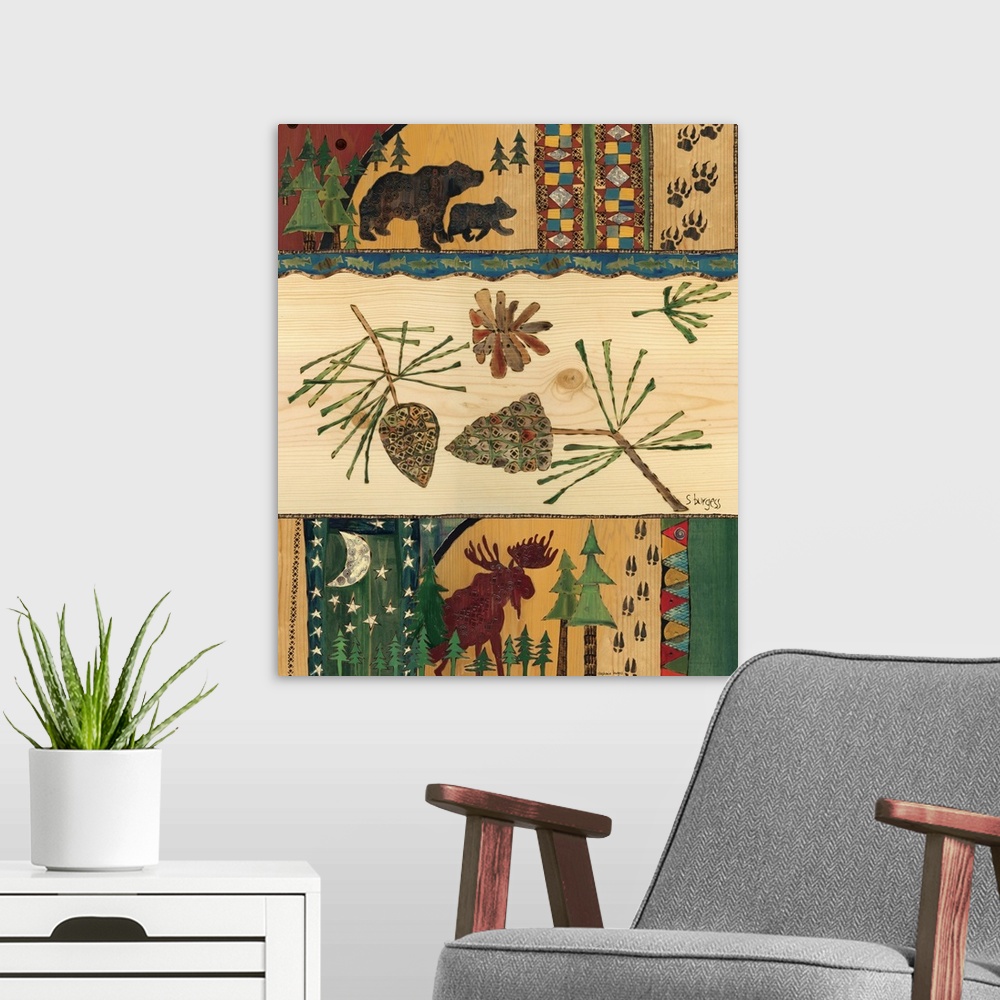 A modern room featuring Bears, moose and pinecones in a forest scene with patterns.