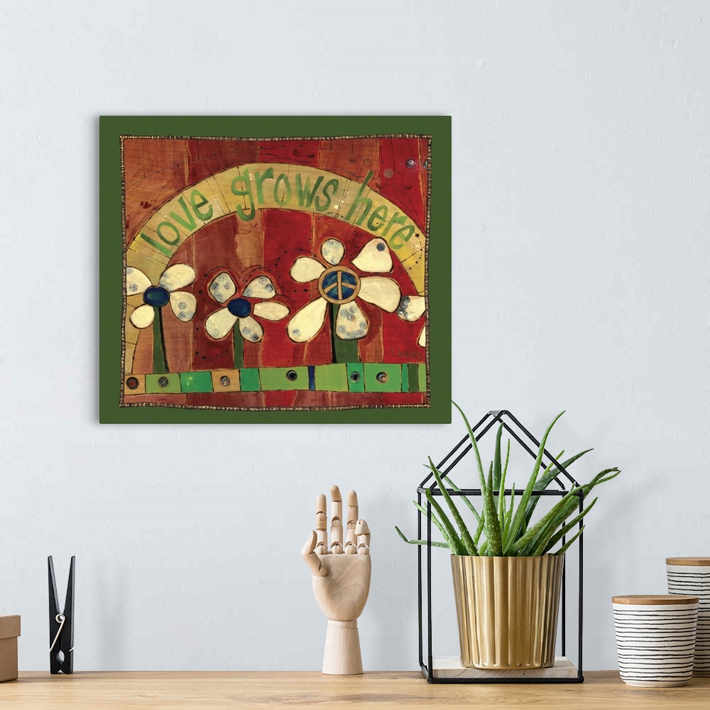 A bohemian room featuring Flowers in red background with saying