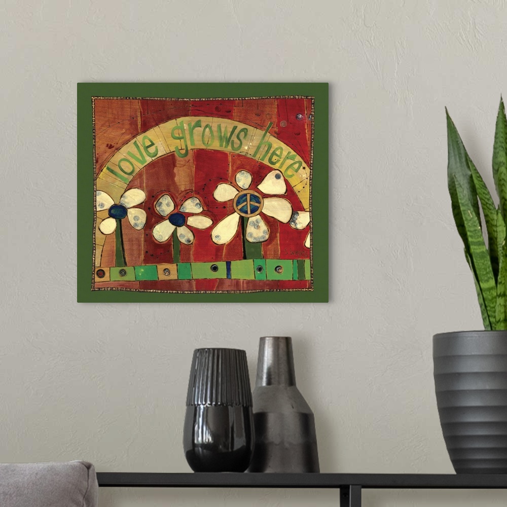 A modern room featuring Flowers in red background with saying