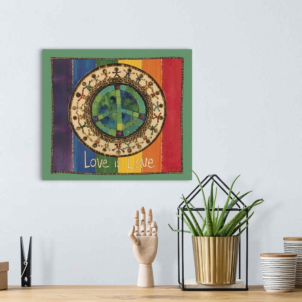 A bohemian room featuring People surrounding Earth and peace sign with saying.