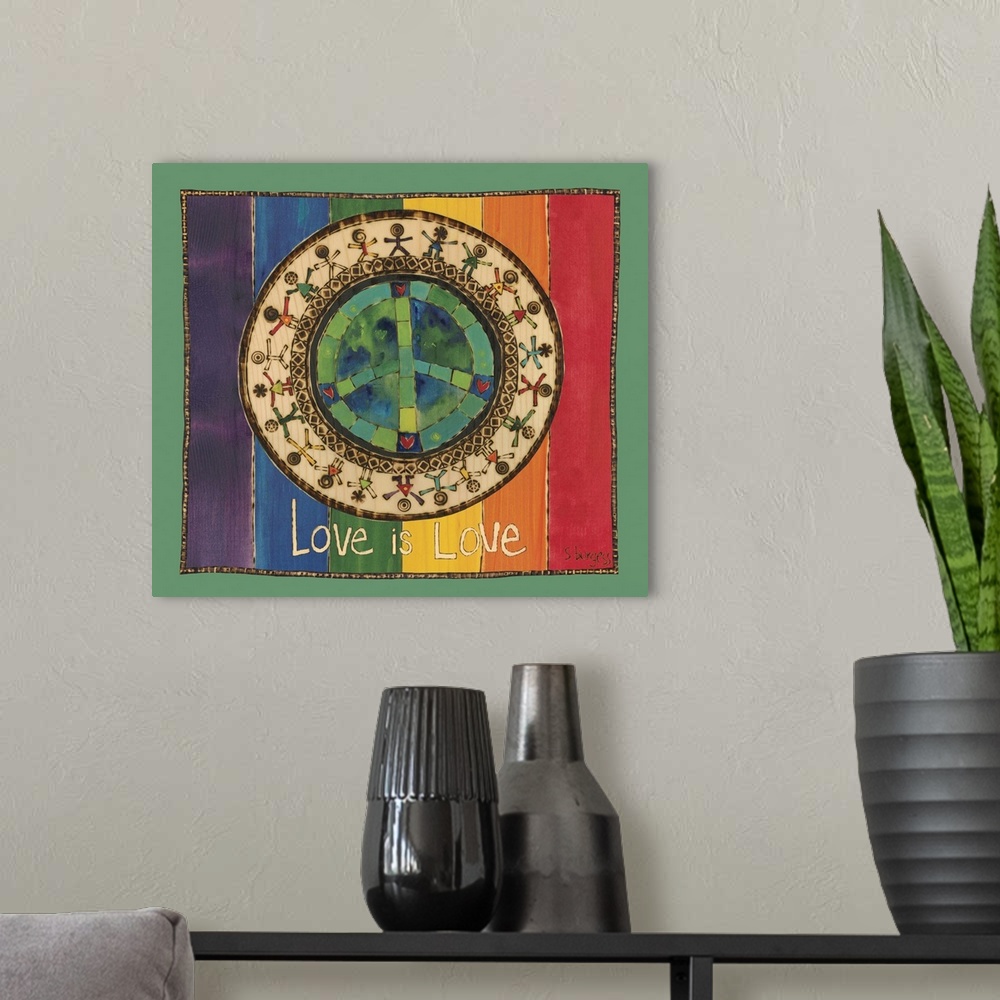 A modern room featuring People surrounding Earth and peace sign with saying.