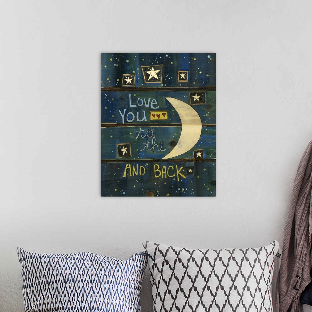 A bohemian room featuring Moon and stars in night sky.
