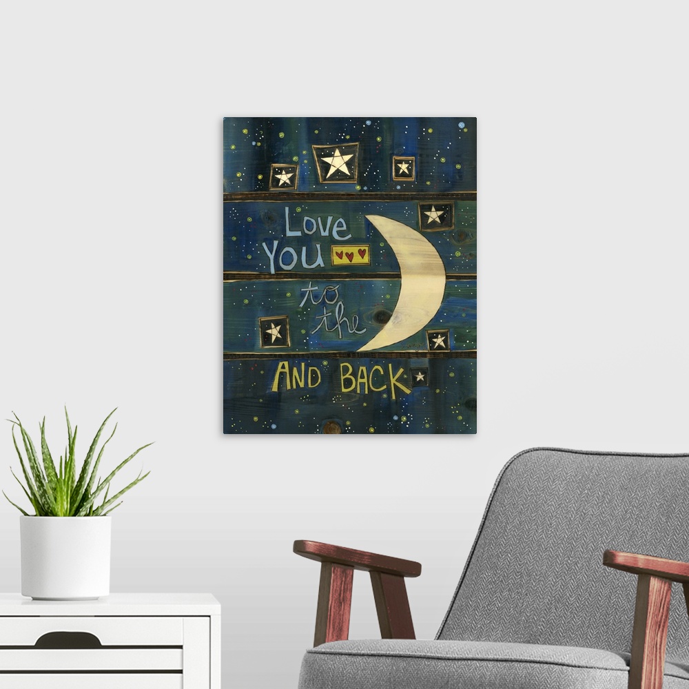 A modern room featuring Moon and stars in night sky.