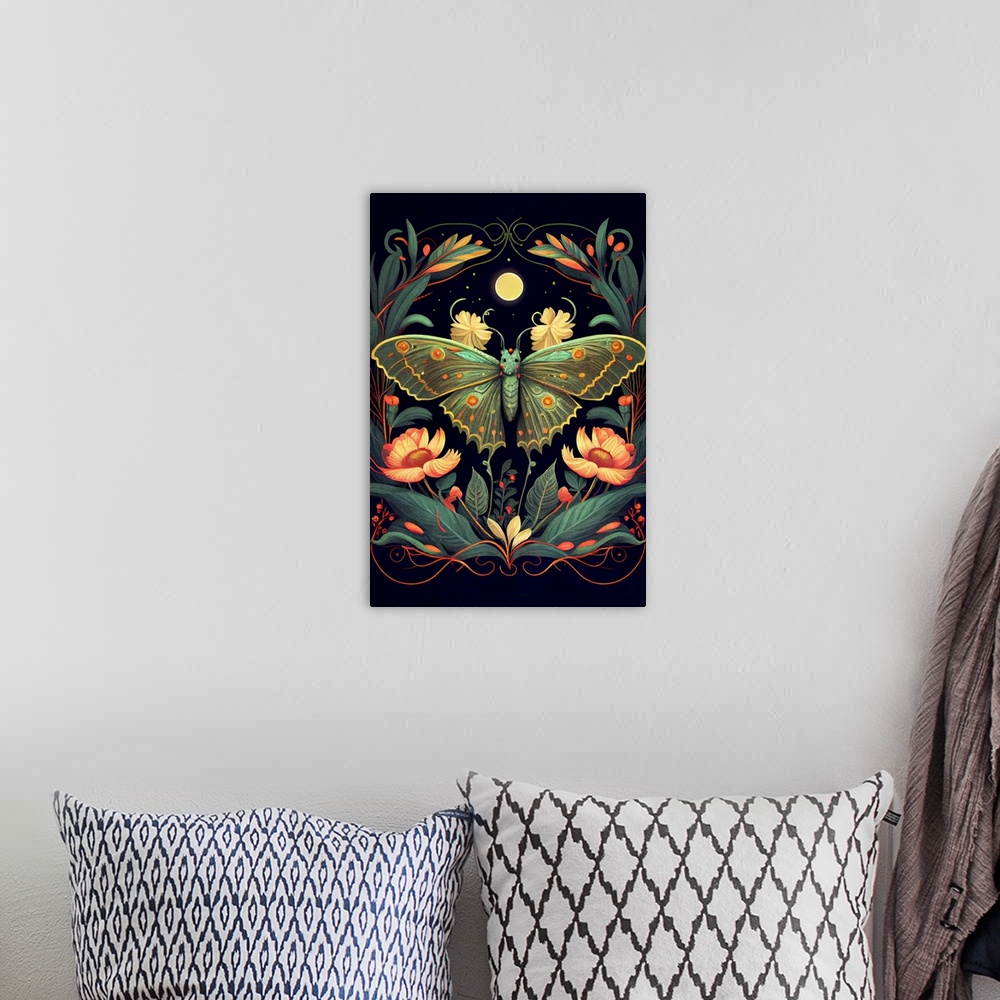 A bohemian room featuring This image by JK Stewart for Duirwaigh Studios is of a lunar moth at night.