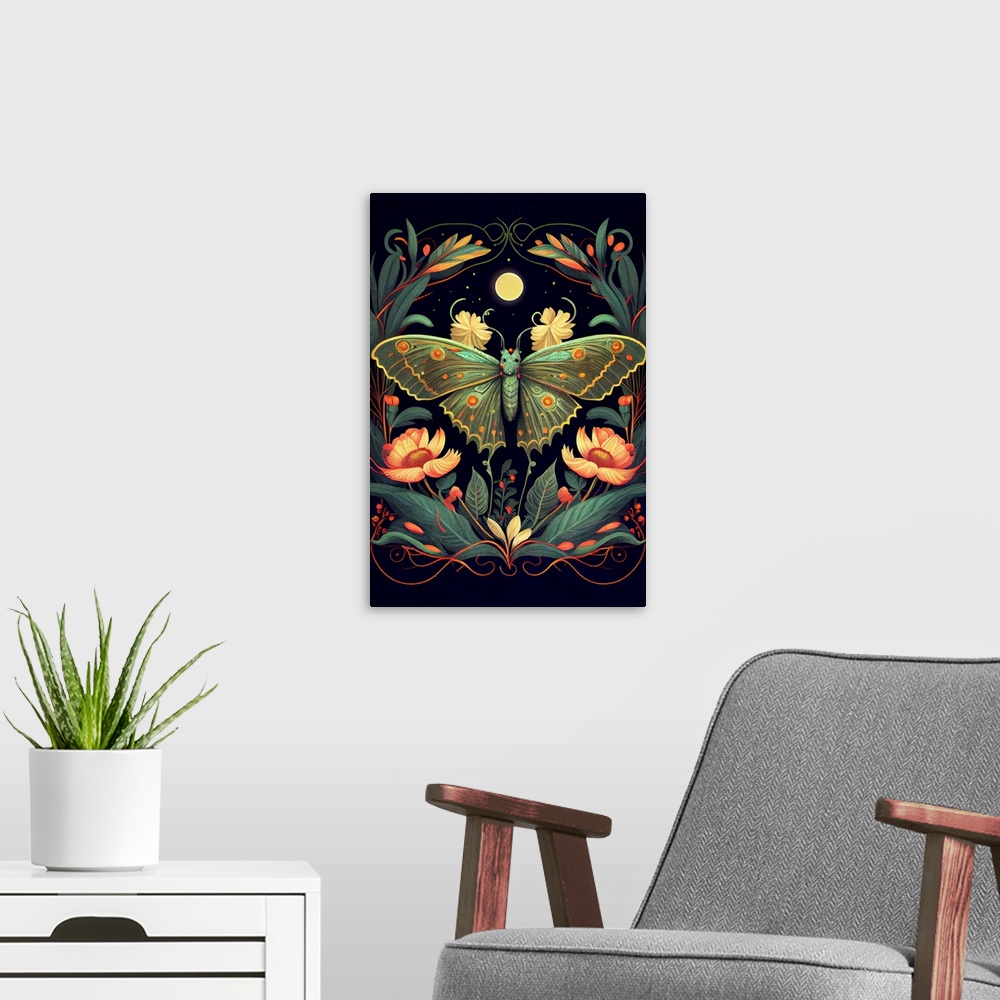 A modern room featuring This image by JK Stewart for Duirwaigh Studios is of a lunar moth at night.