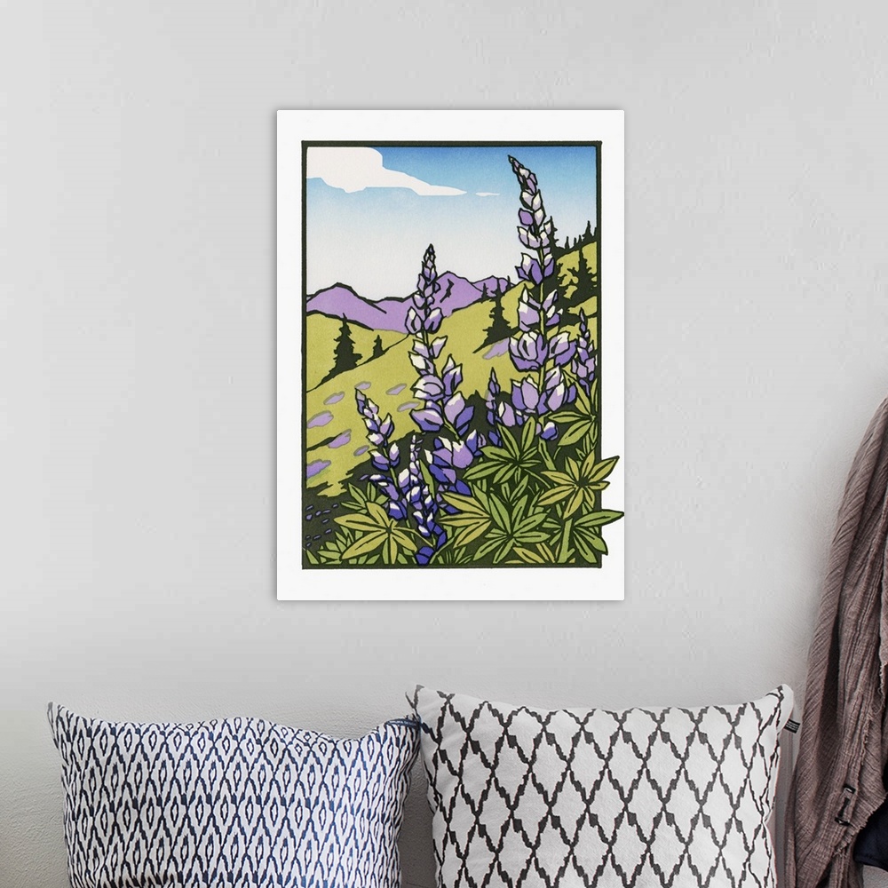 A bohemian room featuring Japanese Blockprinting of lupines with purple mountains in the background