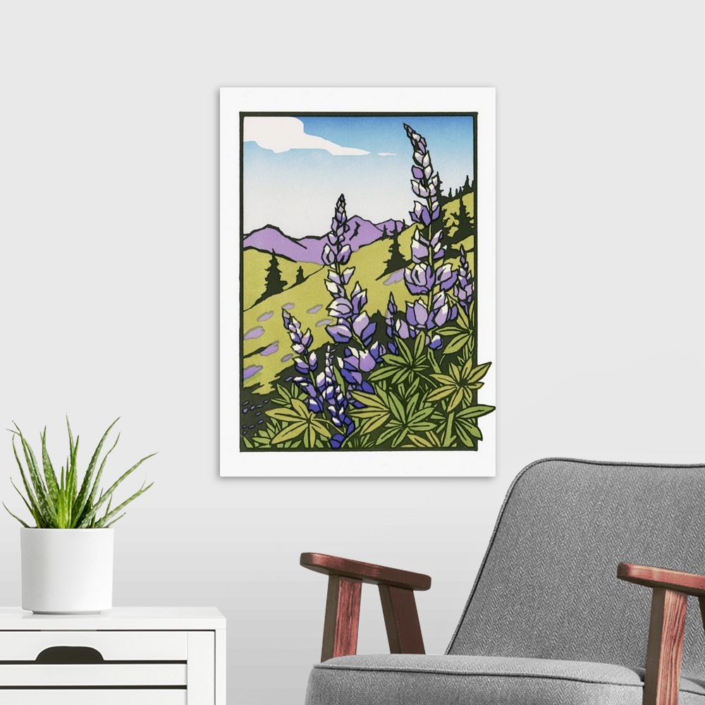 A modern room featuring Japanese Blockprinting of lupines with purple mountains in the background