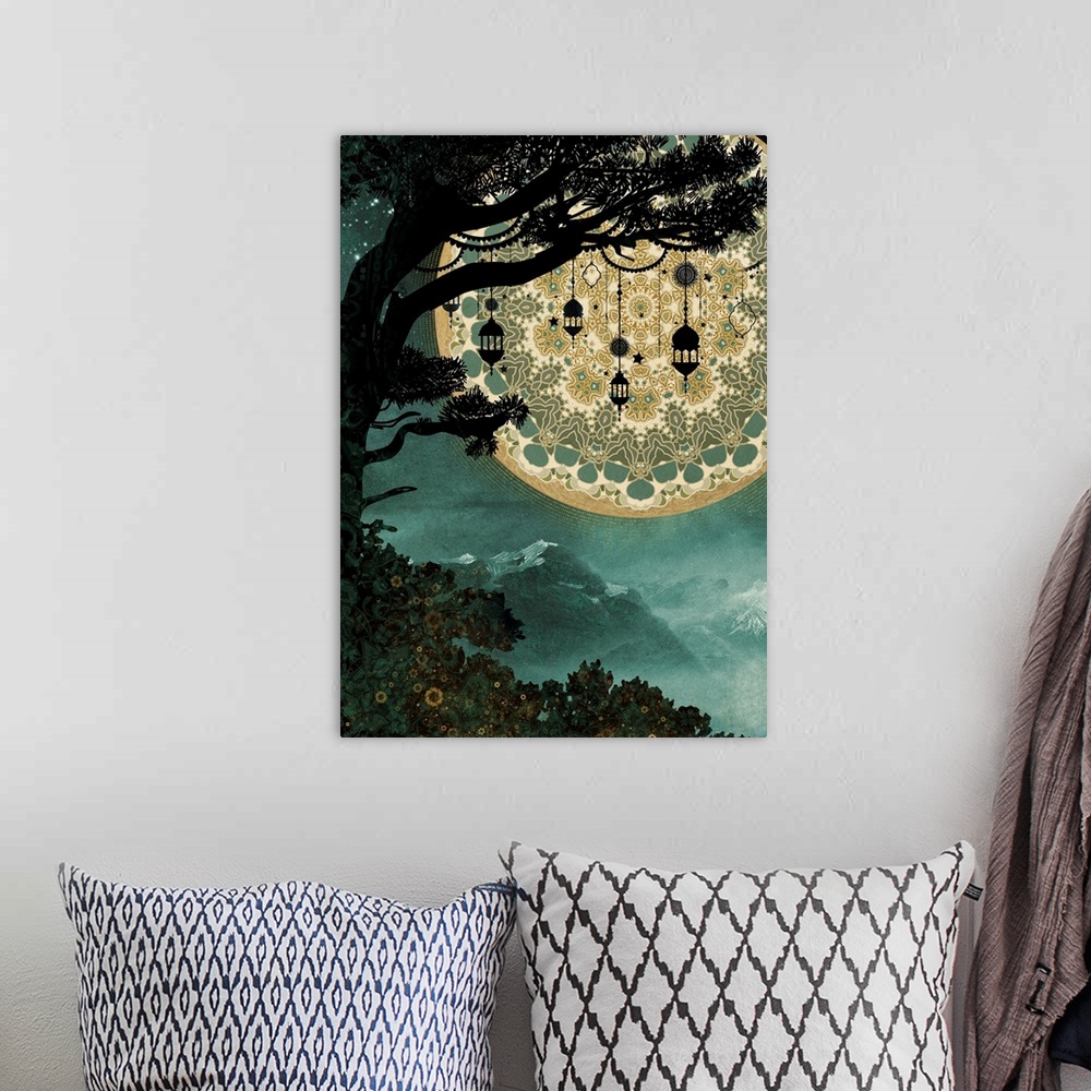 A bohemian room featuring Tree with lanterns and mandala moon with mountains and flowers