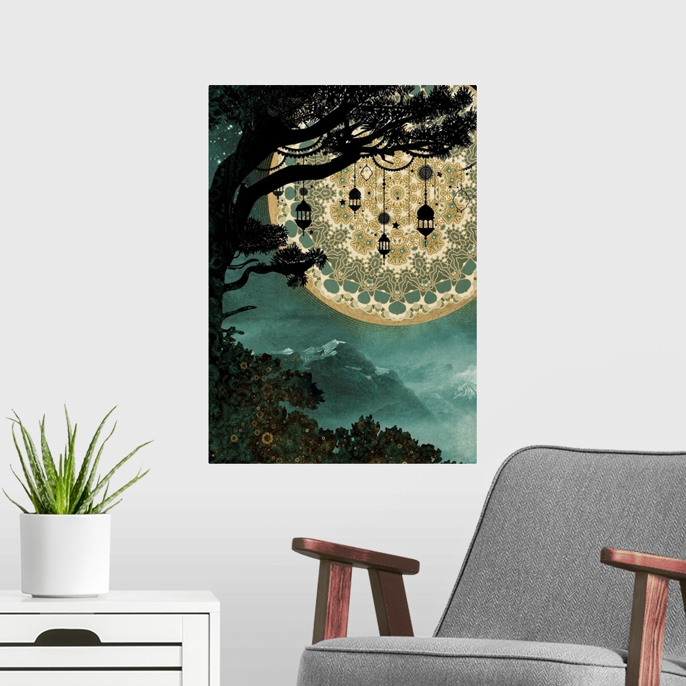 A modern room featuring Tree with lanterns and mandala moon with mountains and flowers