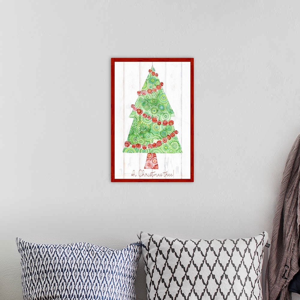 A bohemian room featuring Festive tree on a green on a white washed shiplap. Green and red watercolor patterns.