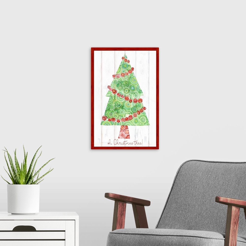 A modern room featuring Festive tree on a green on a white washed shiplap. Green and red watercolor patterns.