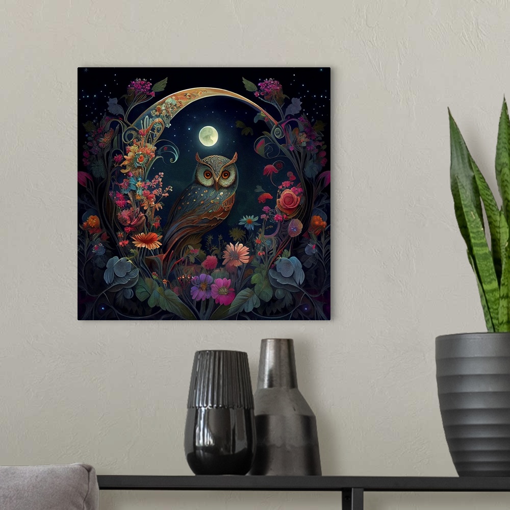 A modern room featuring This image by JK Stewart for Duirwaigh Studios is an owl and a crescent moon surrounded by florals.