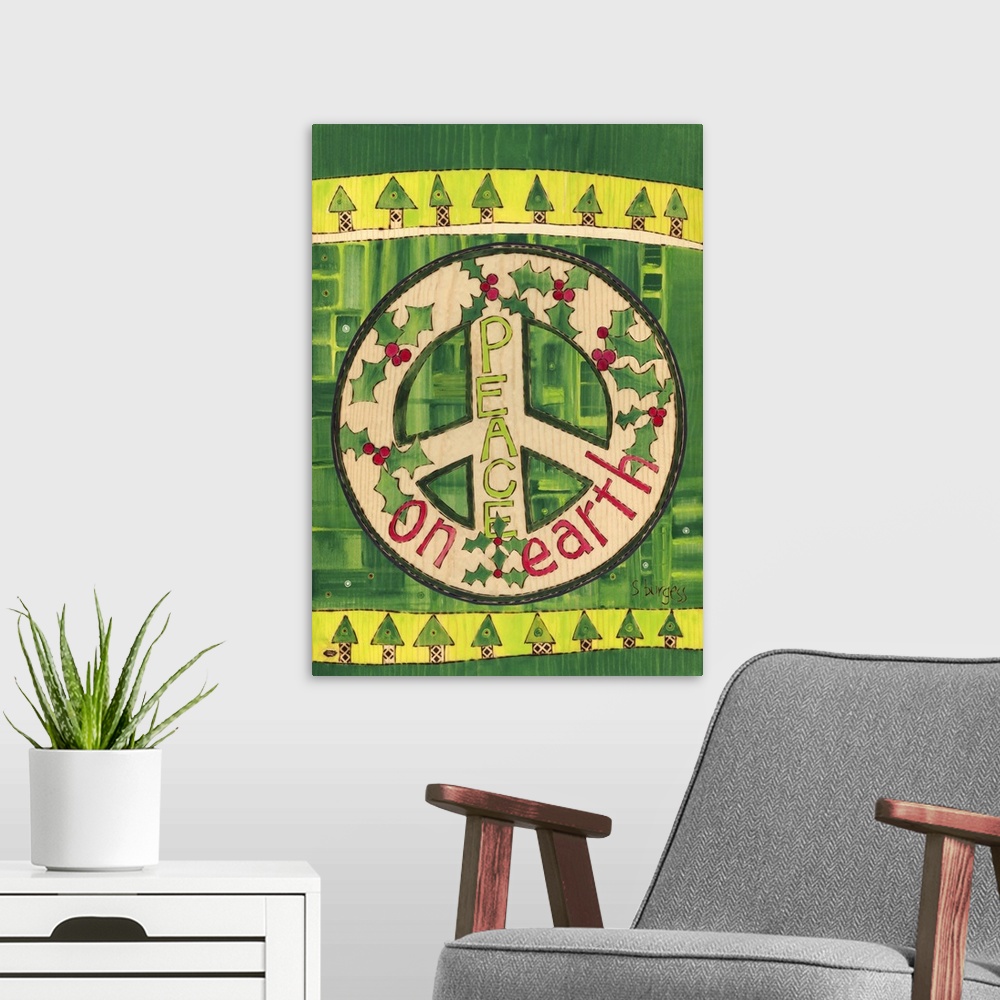A modern room featuring Peace on Earth peace sign with holly and trees