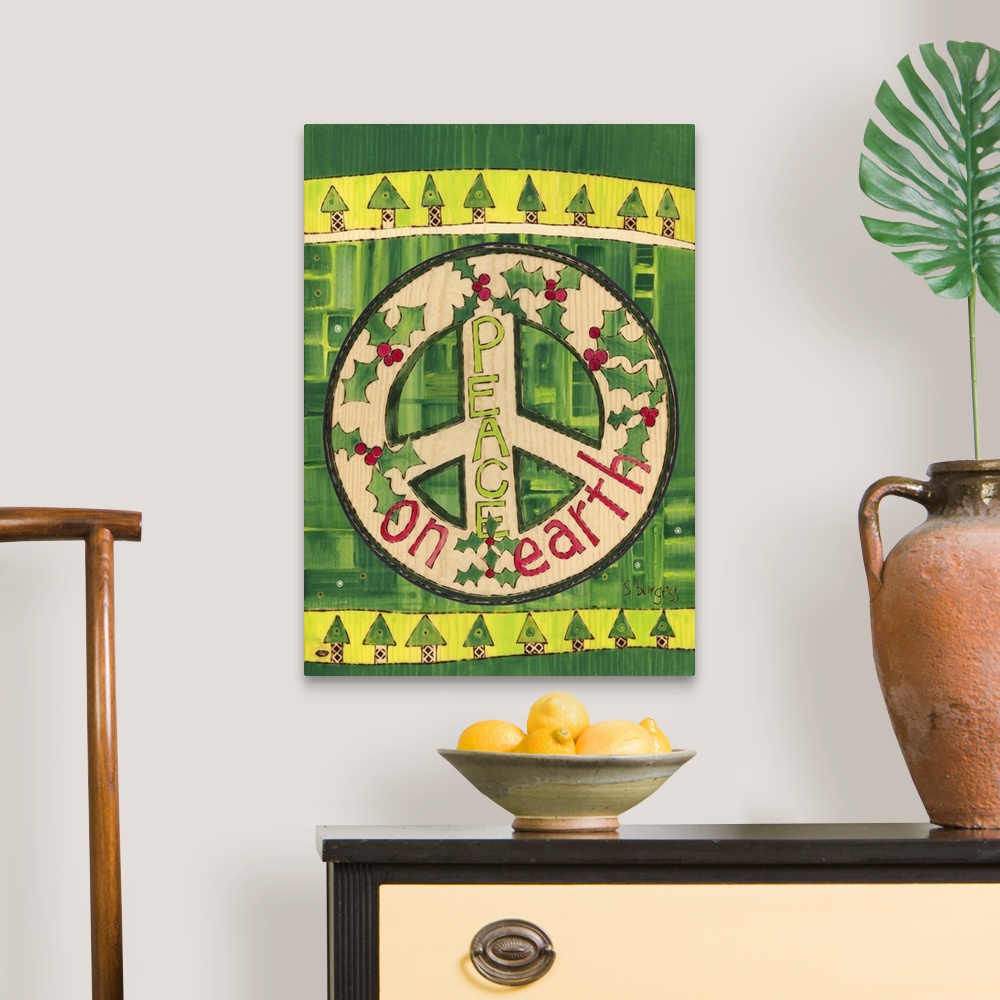 A traditional room featuring Peace on Earth peace sign with holly and trees