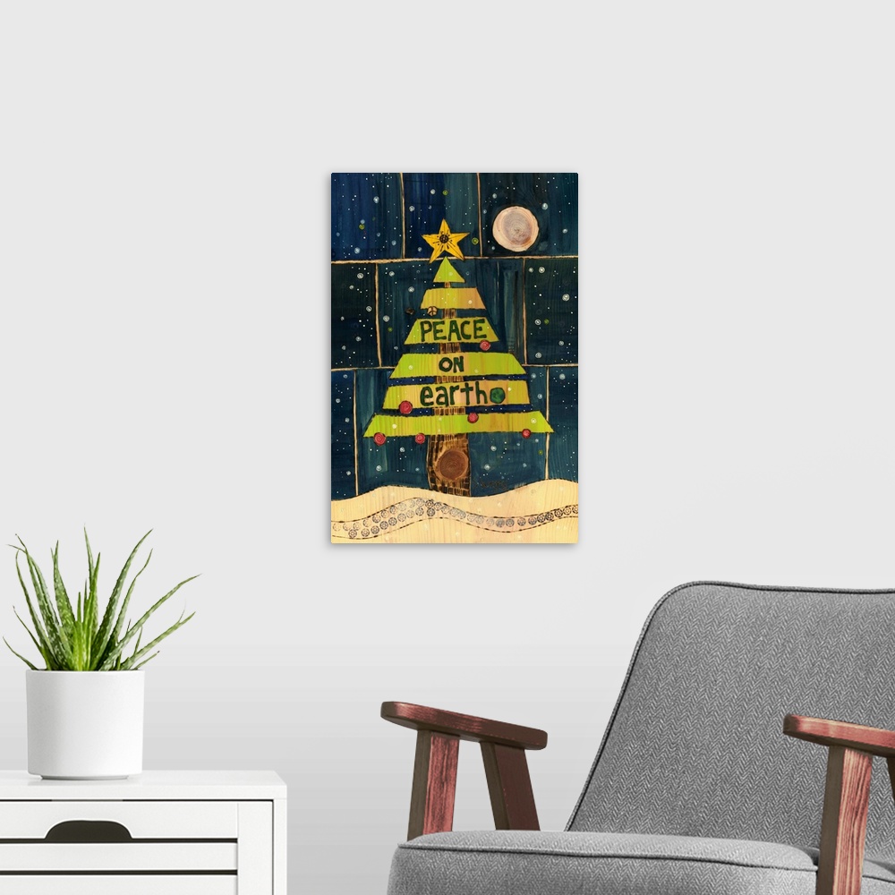 A modern room featuring Christmas tree with star in night scene
