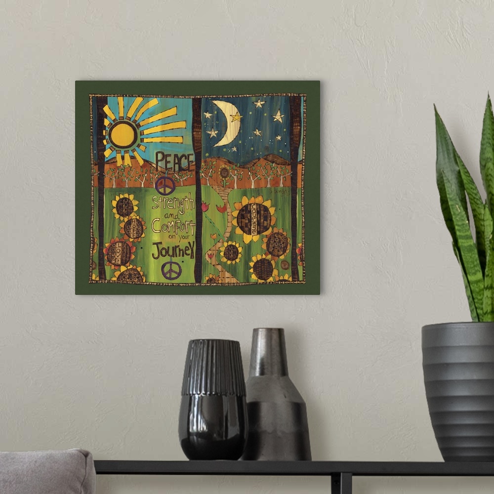 A modern room featuring Peace Strength And Comfort On Your Journeysunflowers In Day And Night Scene With Saying
