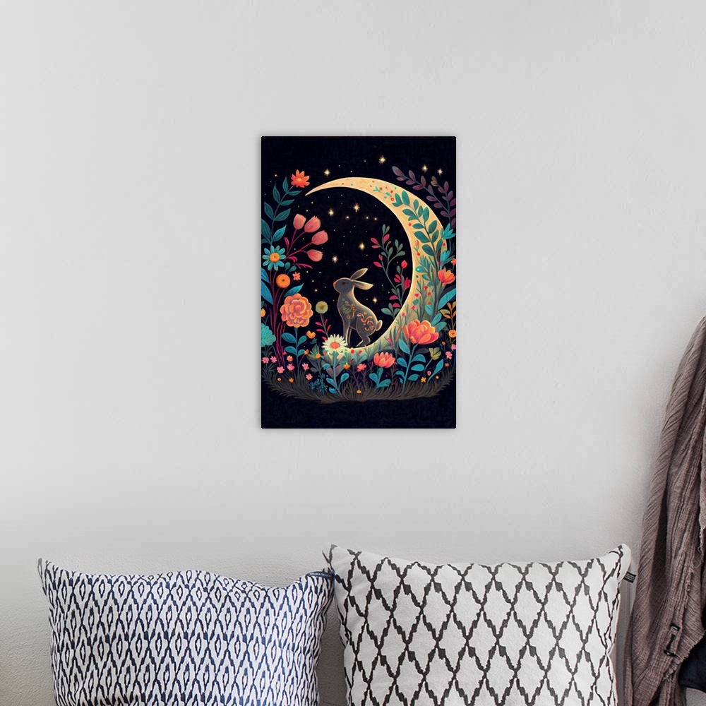 A bohemian room featuring This image by JK Stewart for Duirwaigh Studios is of a rabbit on a crescent moon with florals at ...