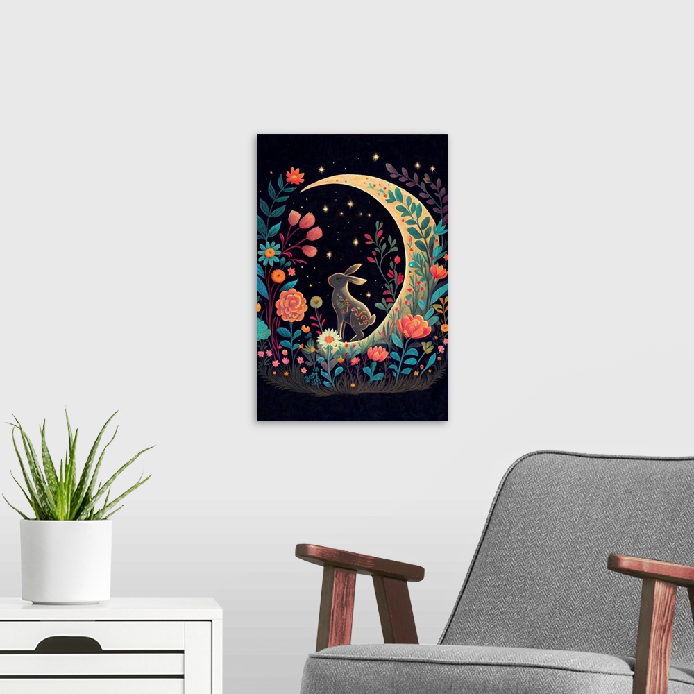 A modern room featuring This image by JK Stewart for Duirwaigh Studios is of a rabbit on a crescent moon with florals at ...