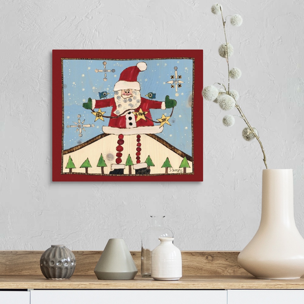 A farmhouse room featuring Santa in snow scene with trrees and snowflakes