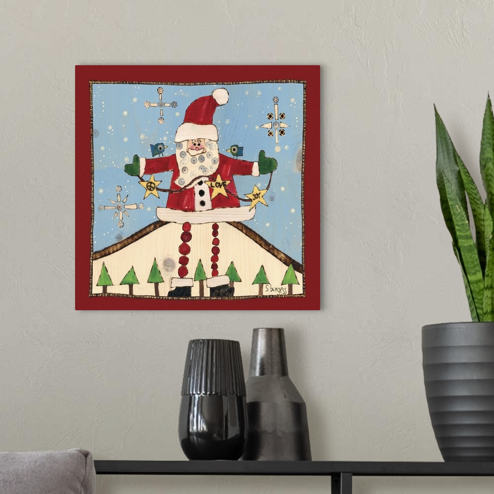 A modern room featuring Santa in snow scene with trrees and snowflakes
